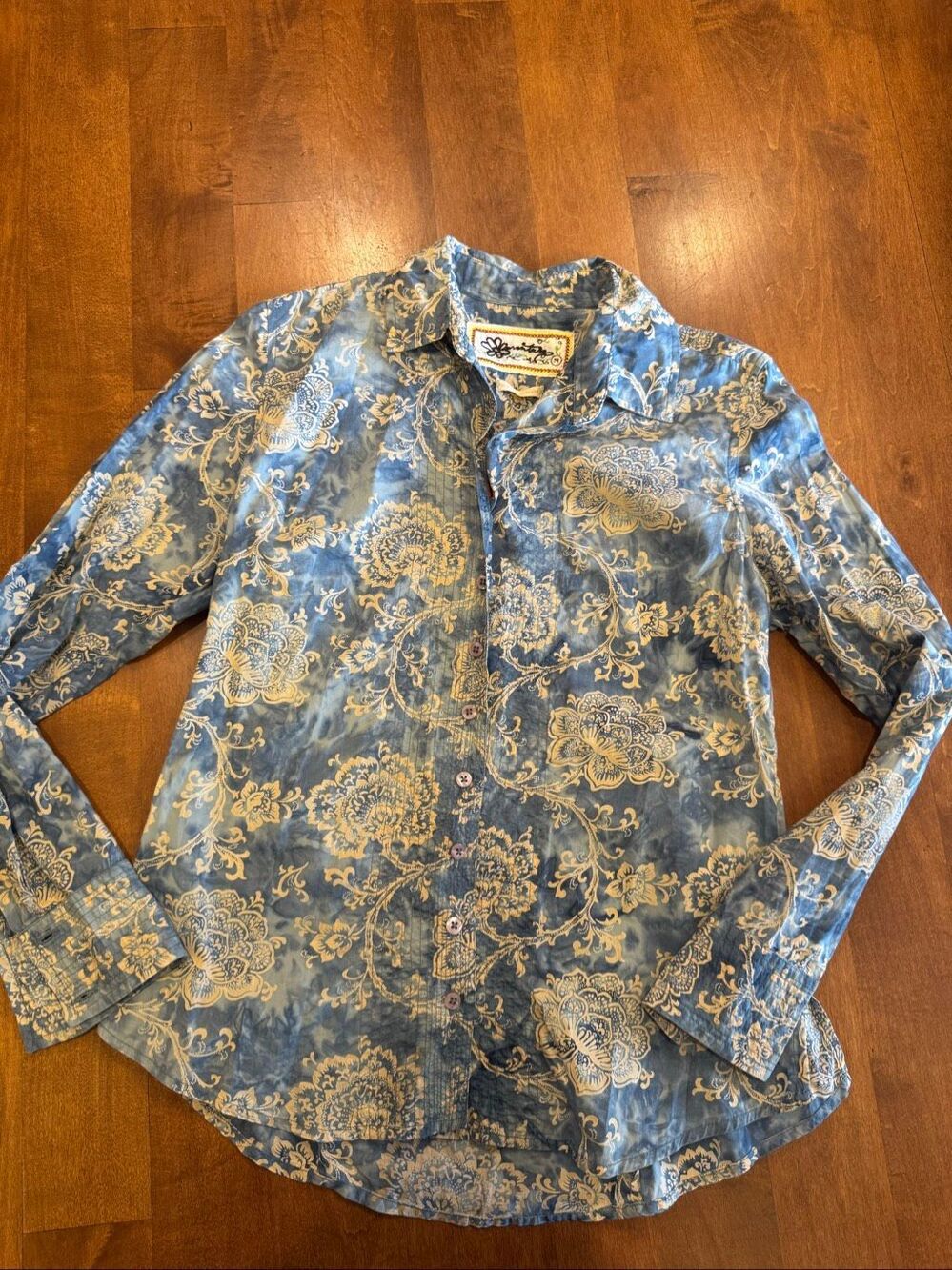 Marrika Nakk Blue Floral Button Up Shirt Women’s M Boho Western Y2K
